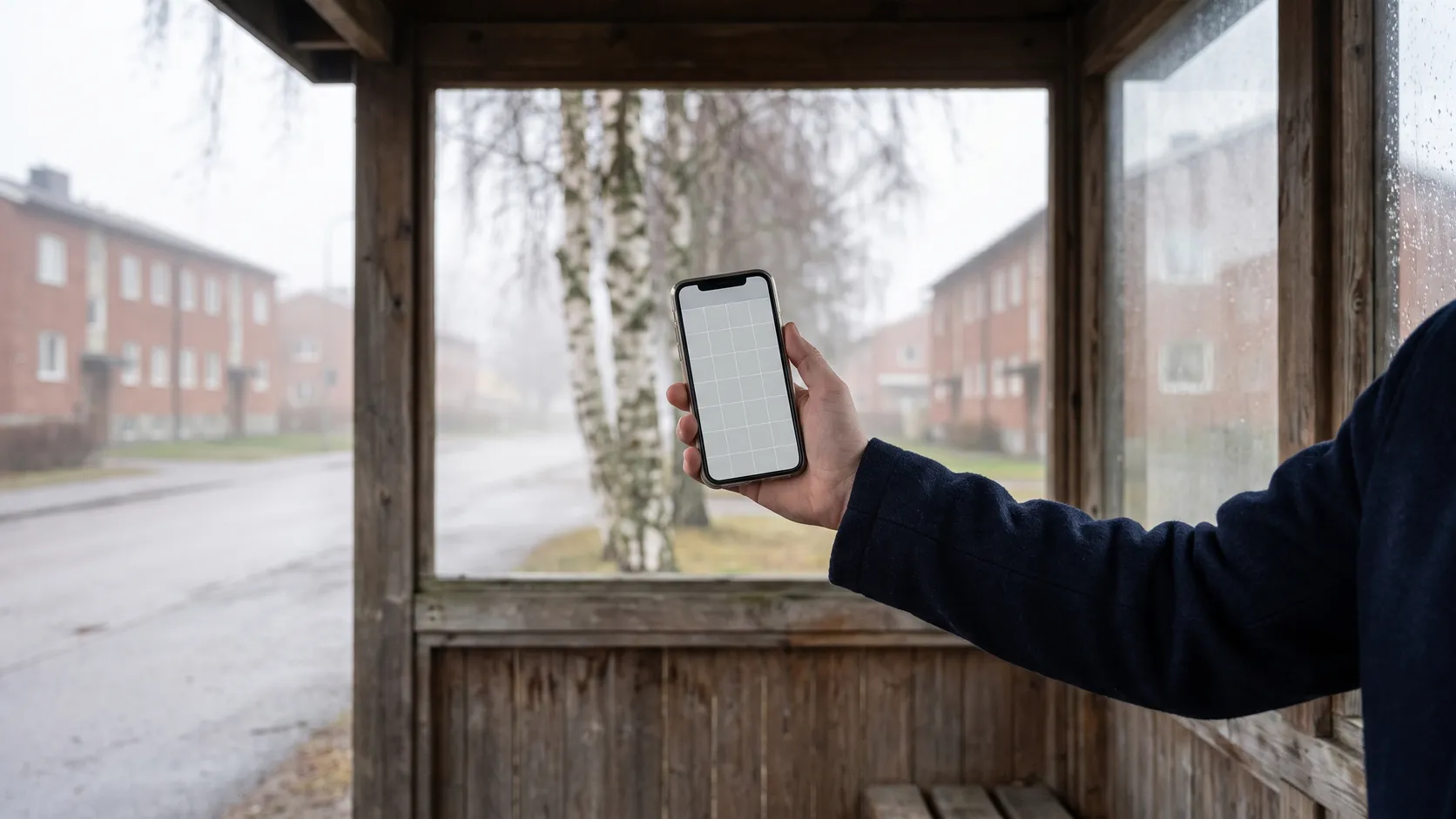 Hand som håller en mobil med kalender i ett busskur.