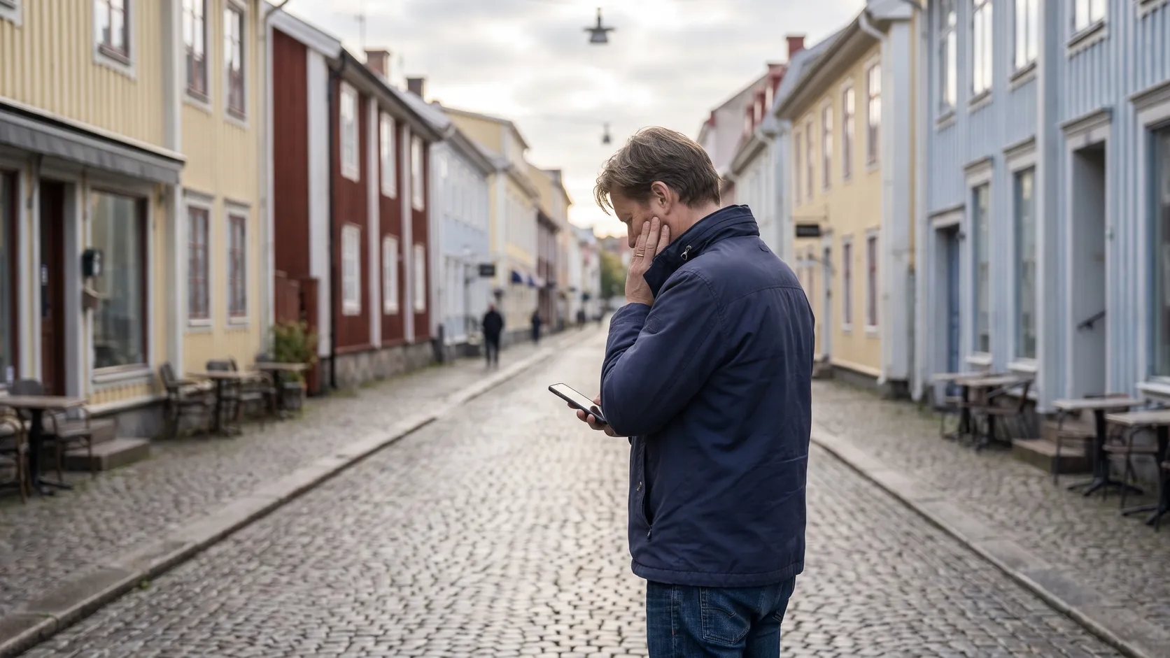 Kullerstensgata med trähus i Göteborg en lördagsmorgon där en person tittar i mobilen.