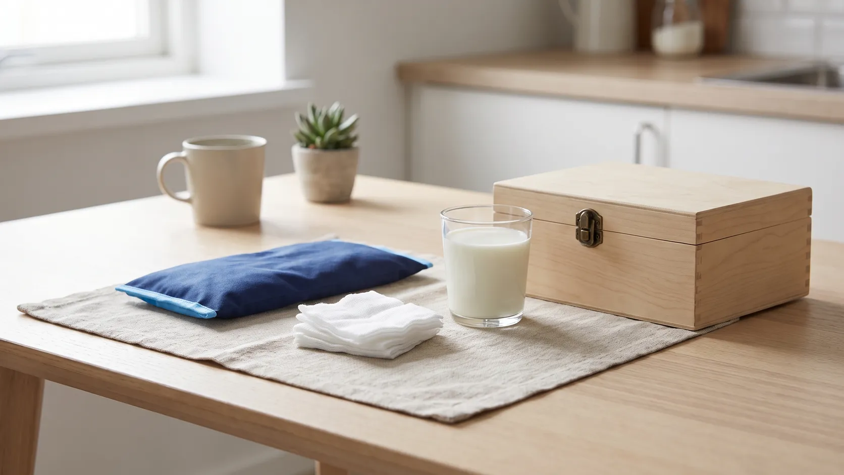 Kylklamp, kompresser och ett glas mjölk samlade som första hjälpen vid tandskada.