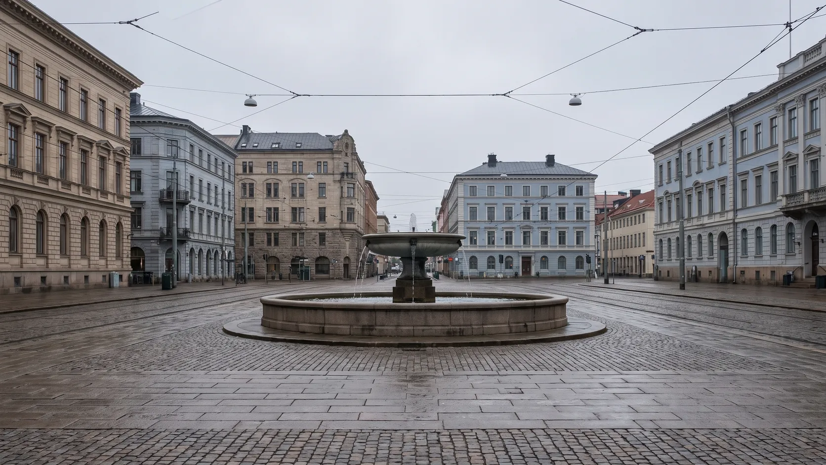 Torg med stenfontän och spårvagnsspår i Göteborg.