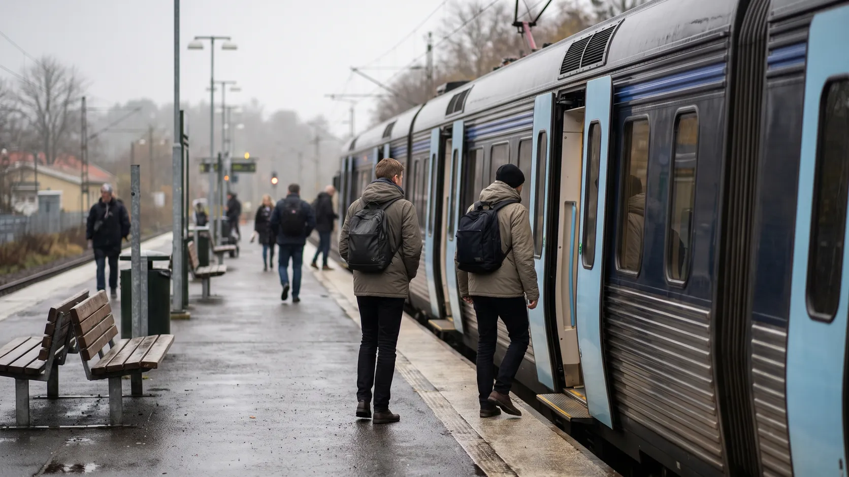 Pendeltåg vid en perrong med resenärer på väg in mot Göteborg.