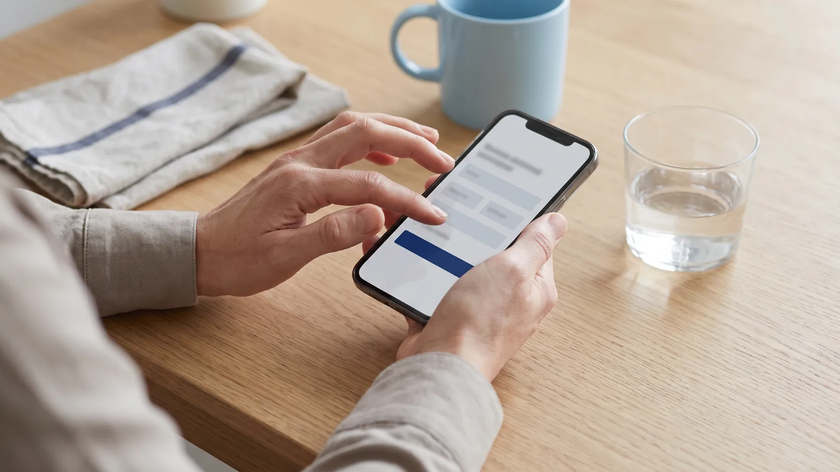 Händer som fyller i ett formulär på mobilen vid ett köksbord.