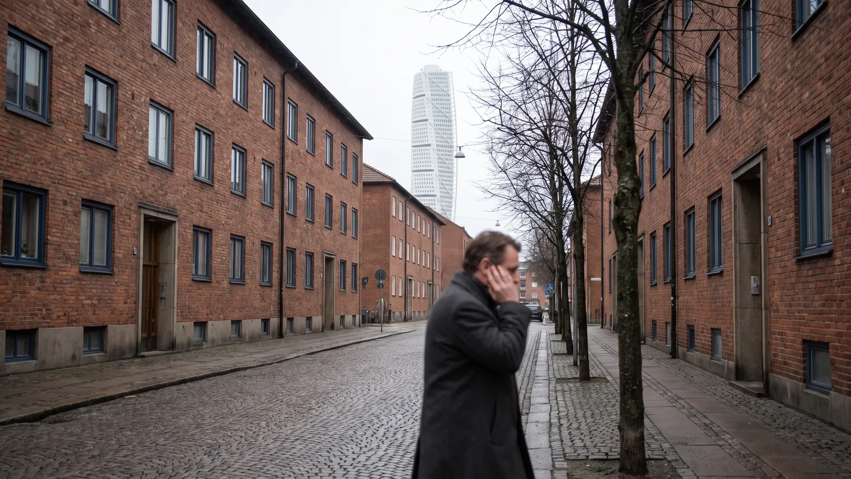 Bostadsgata i Malmö med ett högt vridet höghus i fjärran och en person som håller handen mot kinden.