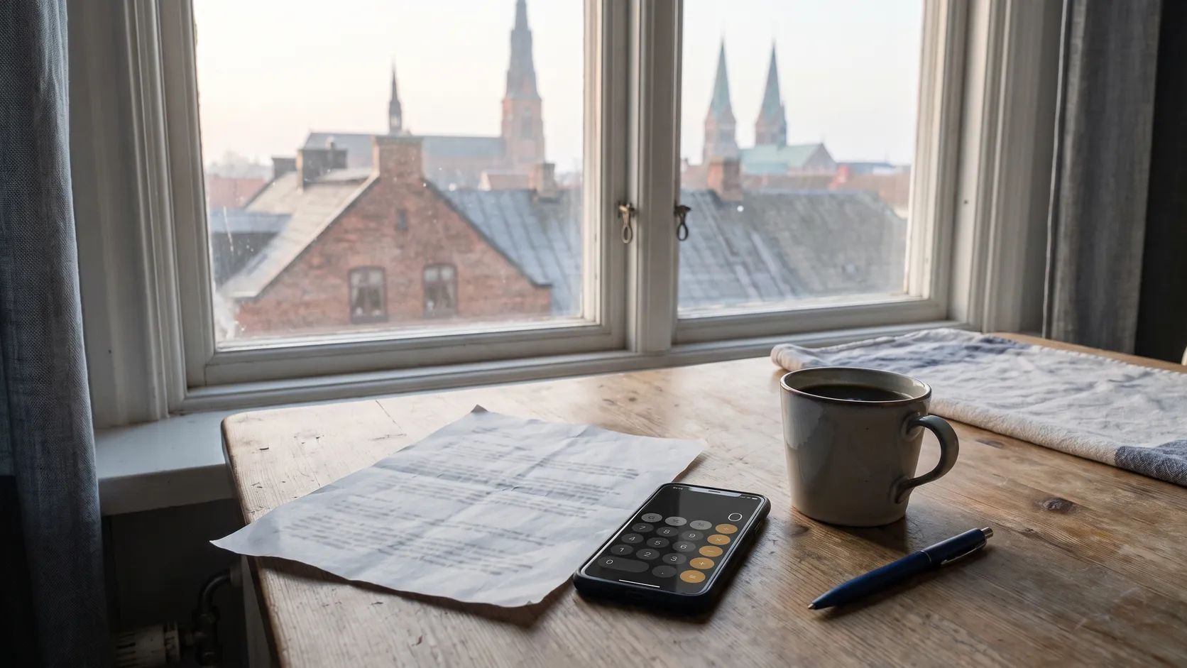 Tom tandvårdsfaktura, mobil med miniräknare och kaffekopp på ett köksbord med utsikt över hustak.