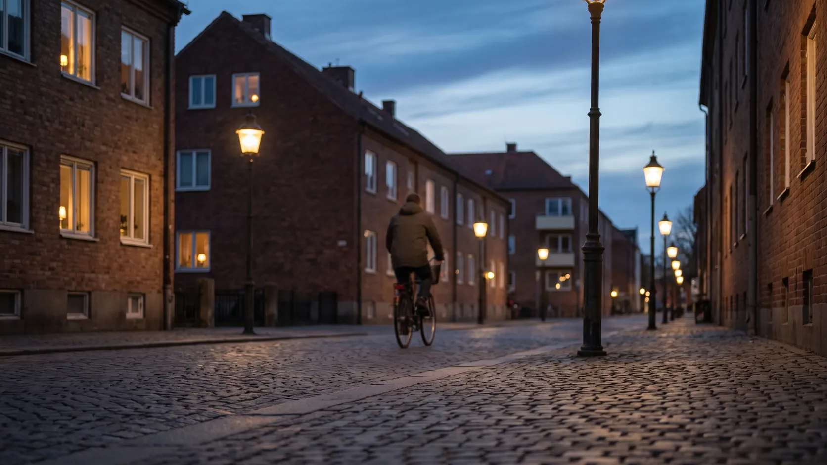 Lugn kvällsgata i Malmö med gatubelysning och tända fönster.