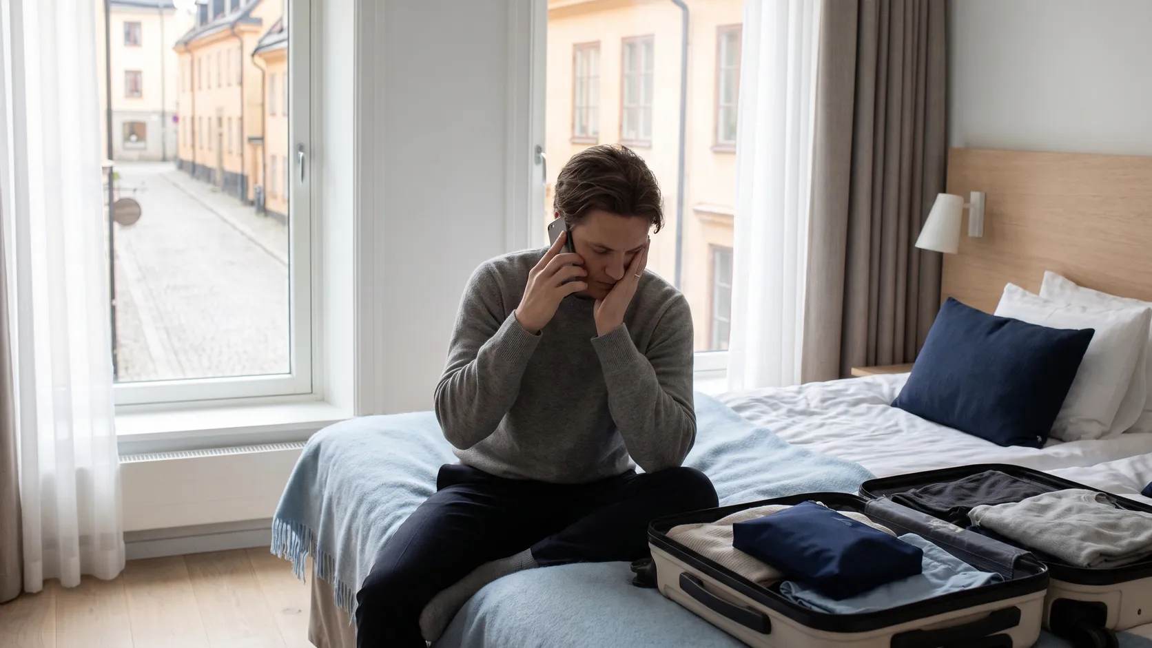 Traveller in a hotel room in Gothenburg holding a hand to their cheek while looking at a phone.