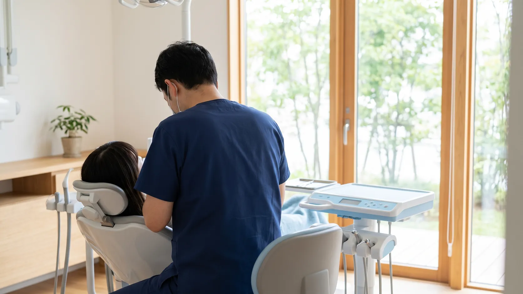 Tandläkare som lugnt samtalar med en patient i behandlingsstolen på en ljus mottagning.