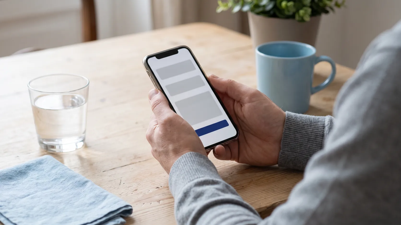 Händer som fyller i ett kort formulär på mobilen vid ett köksbord.