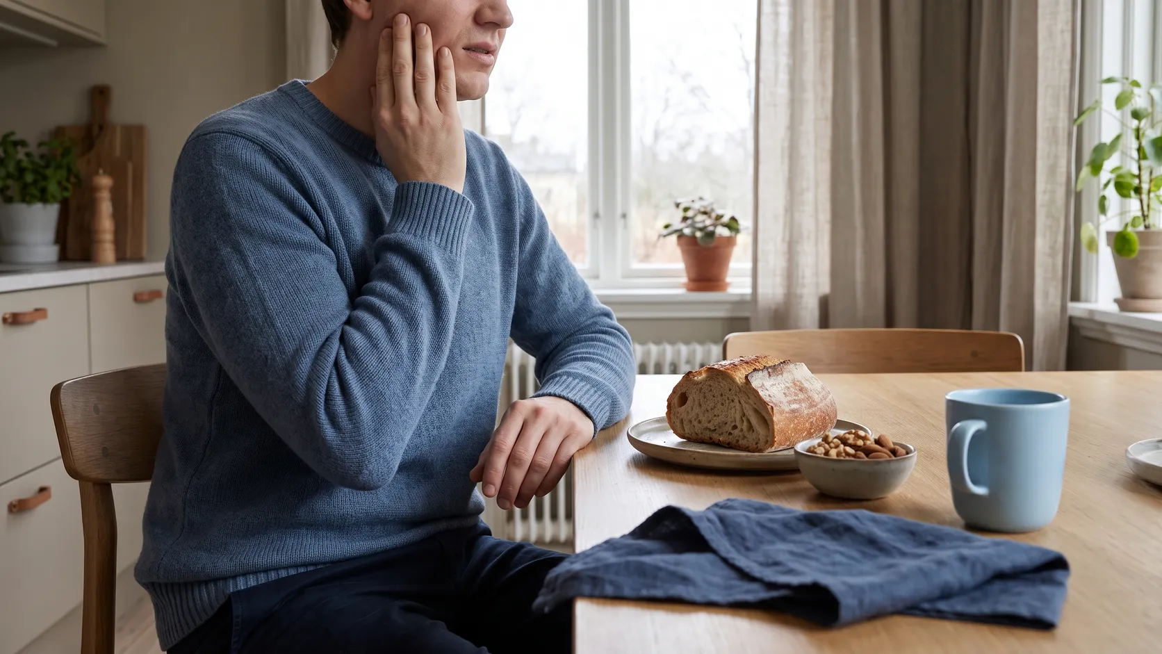 Person som håller handen mot käken efter att ha bitit i en hård brödkant.
