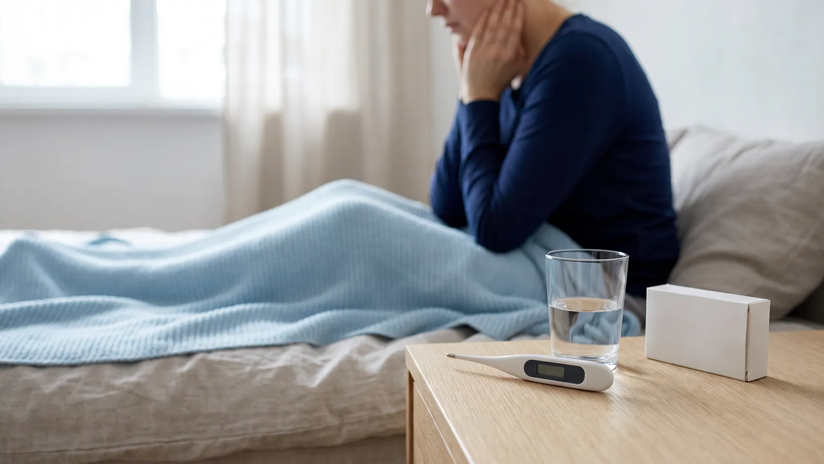 Termometer, glas vatten och en omärkt läkemedelsförpackning, med en person i bakgrunden som håller handen mot käken.