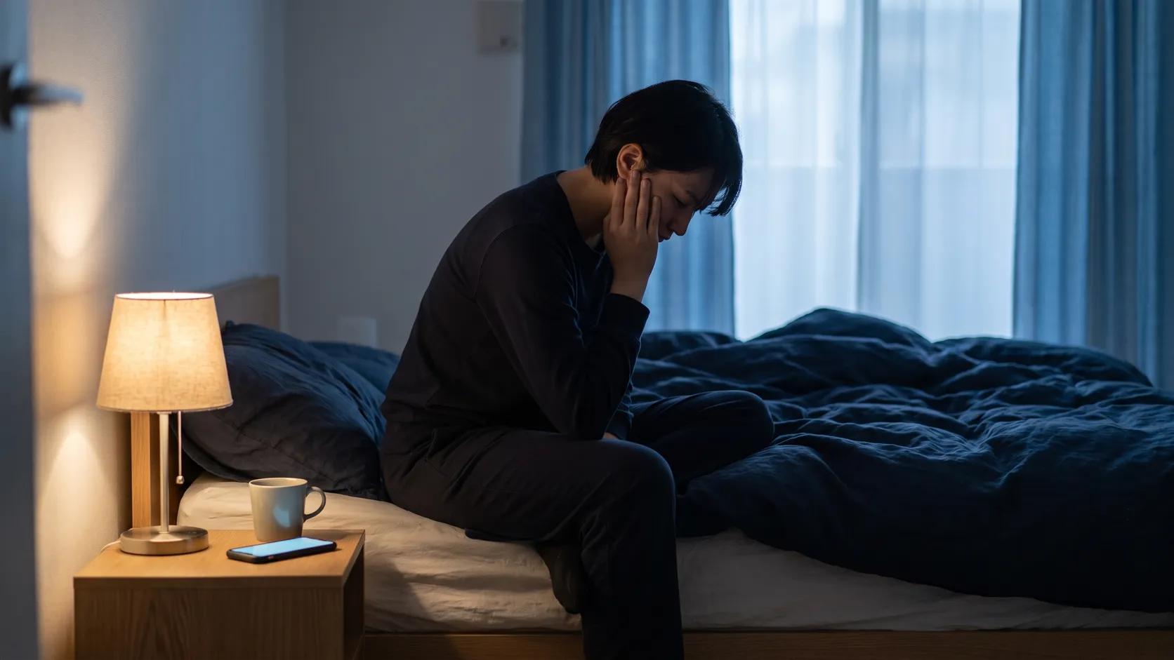 Person som sitter på sängkanten mitt i natten och håller handen mot kinden.