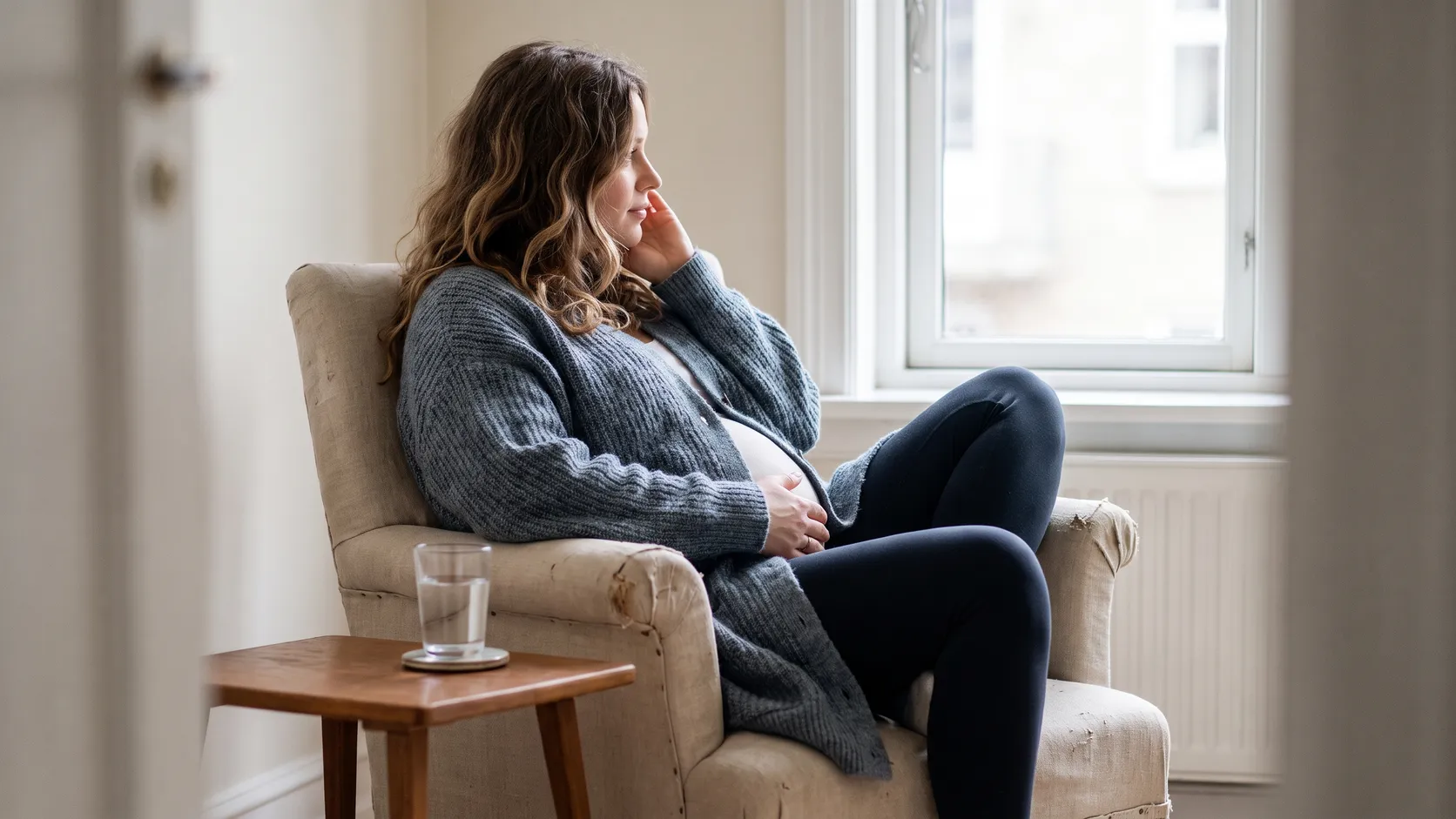 Gravid kvinna som sitter i en fåtölj med ett glas vatten och håller handen mot kinden.