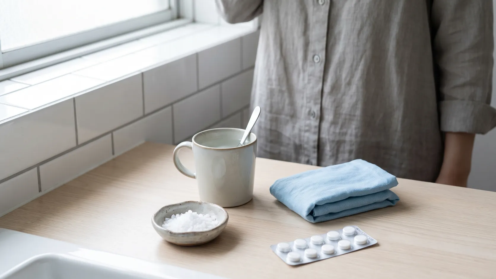 Glas med ljummet saltvatten, kall kompress och tabletter i blisterförpackning på en badrumshylla.