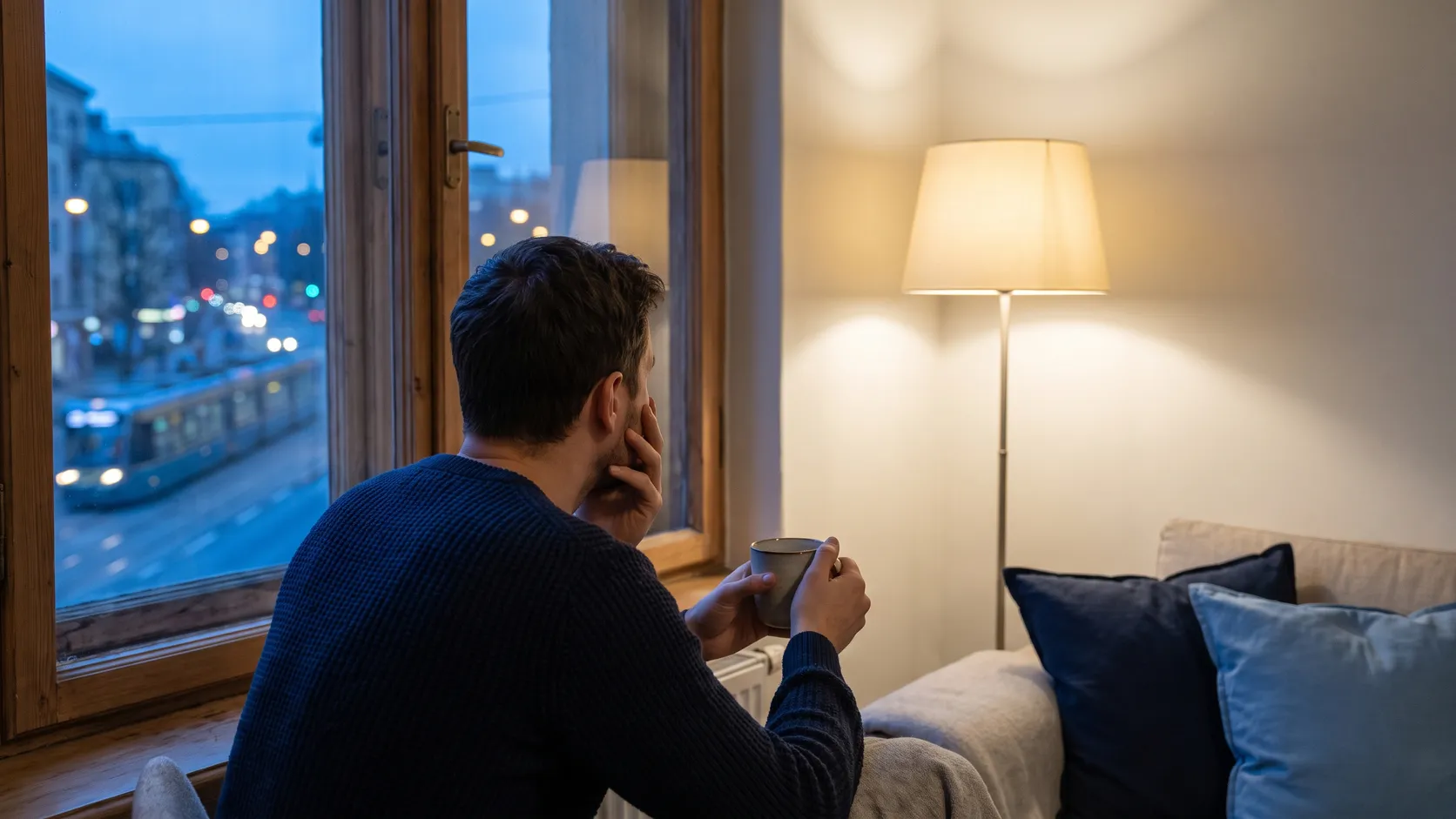Person med tekopp vid ett fönster på kvällen som håller handen mot kinden, med stadsljus utanför.