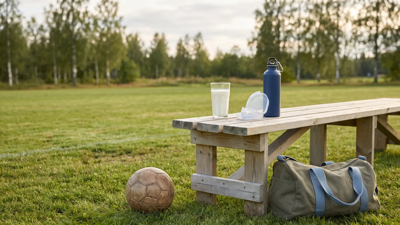 Glas mjölk, tandskydd och en fotboll på en bänk vid en idrottsplan.